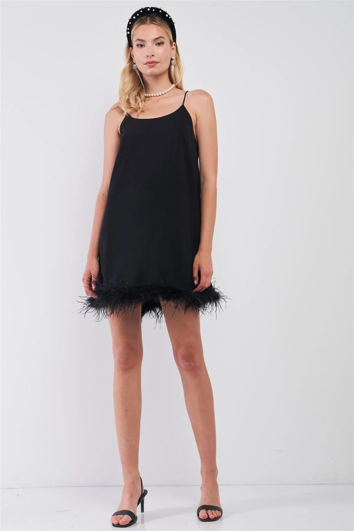 Black Vintage Sleeveless Round Neck Faux Ostrich Feathers Hem Trim Babydoll Mini Dress