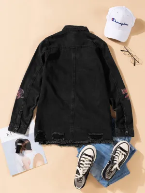 Black Washed Denim Jacket with Tiger Embroidered