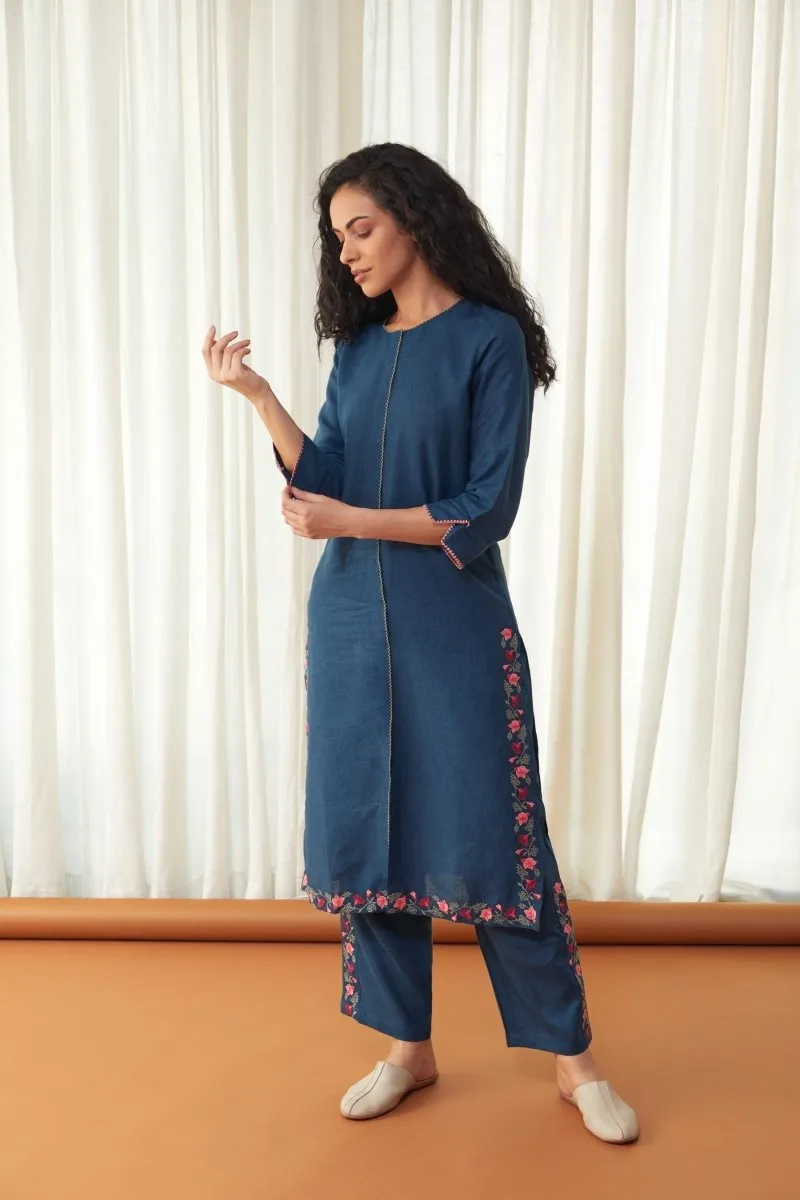 Blue Linen Kurta Set