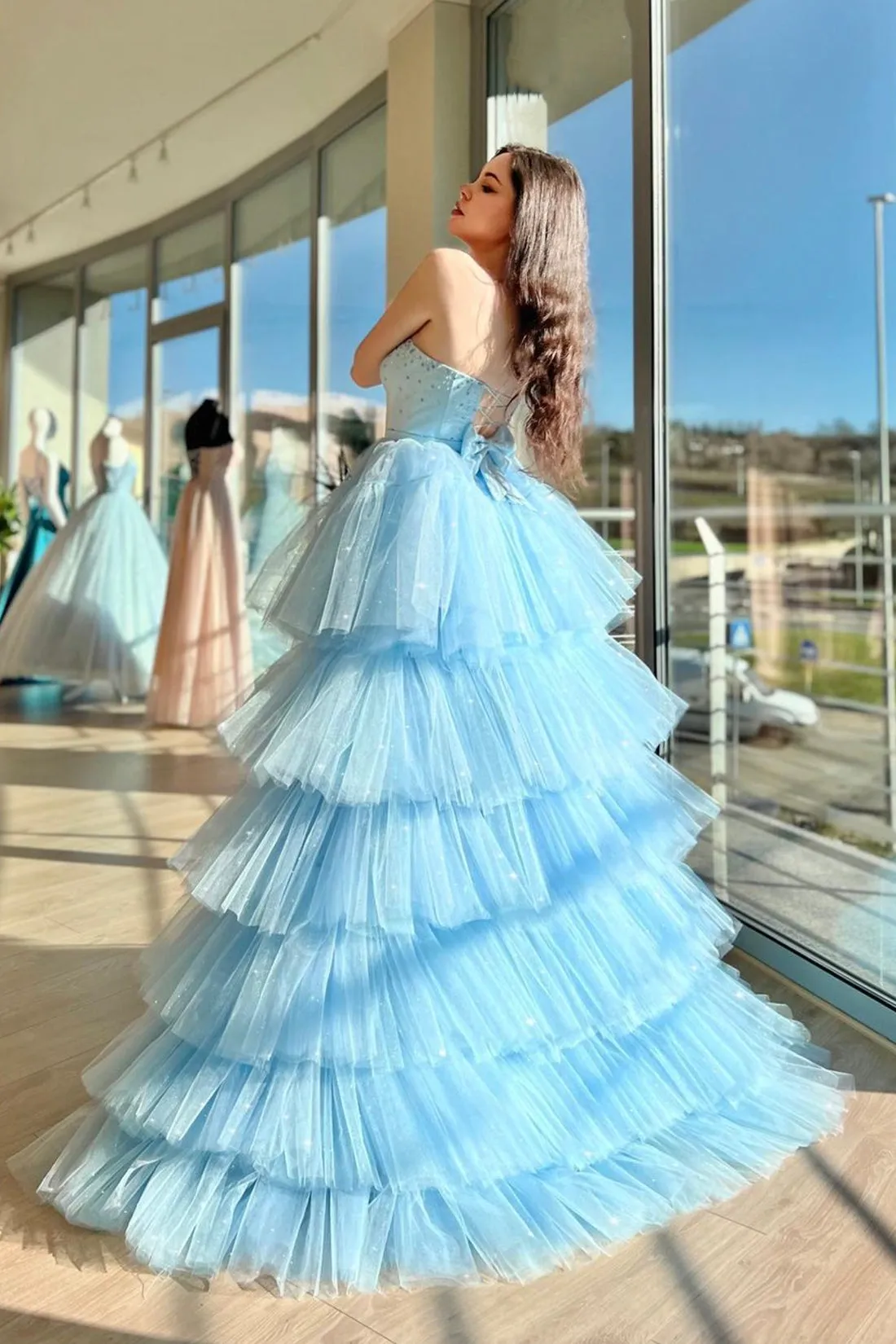 Blue Tulle Beading High Low Prom Dress, A-Line Sweetheart Evening Party Dress