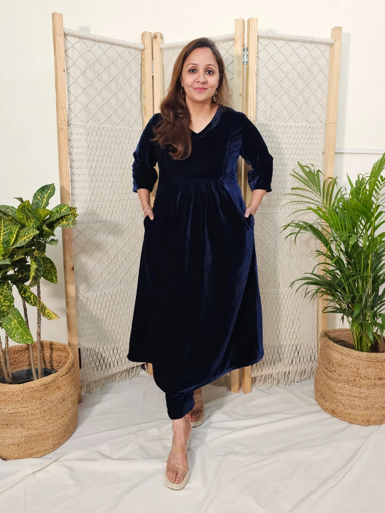 Blue Velvet Kurta Set with Pants