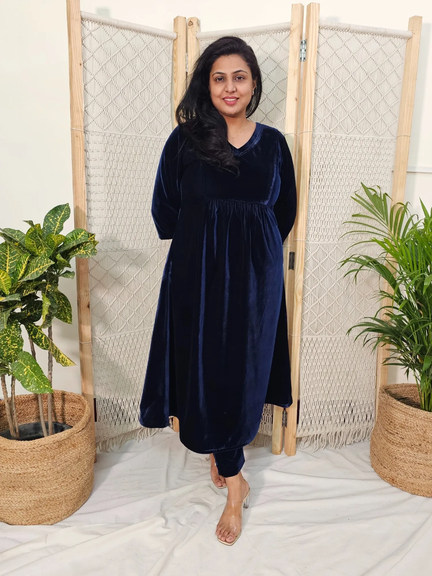 Blue Velvet Kurta Set with Pants