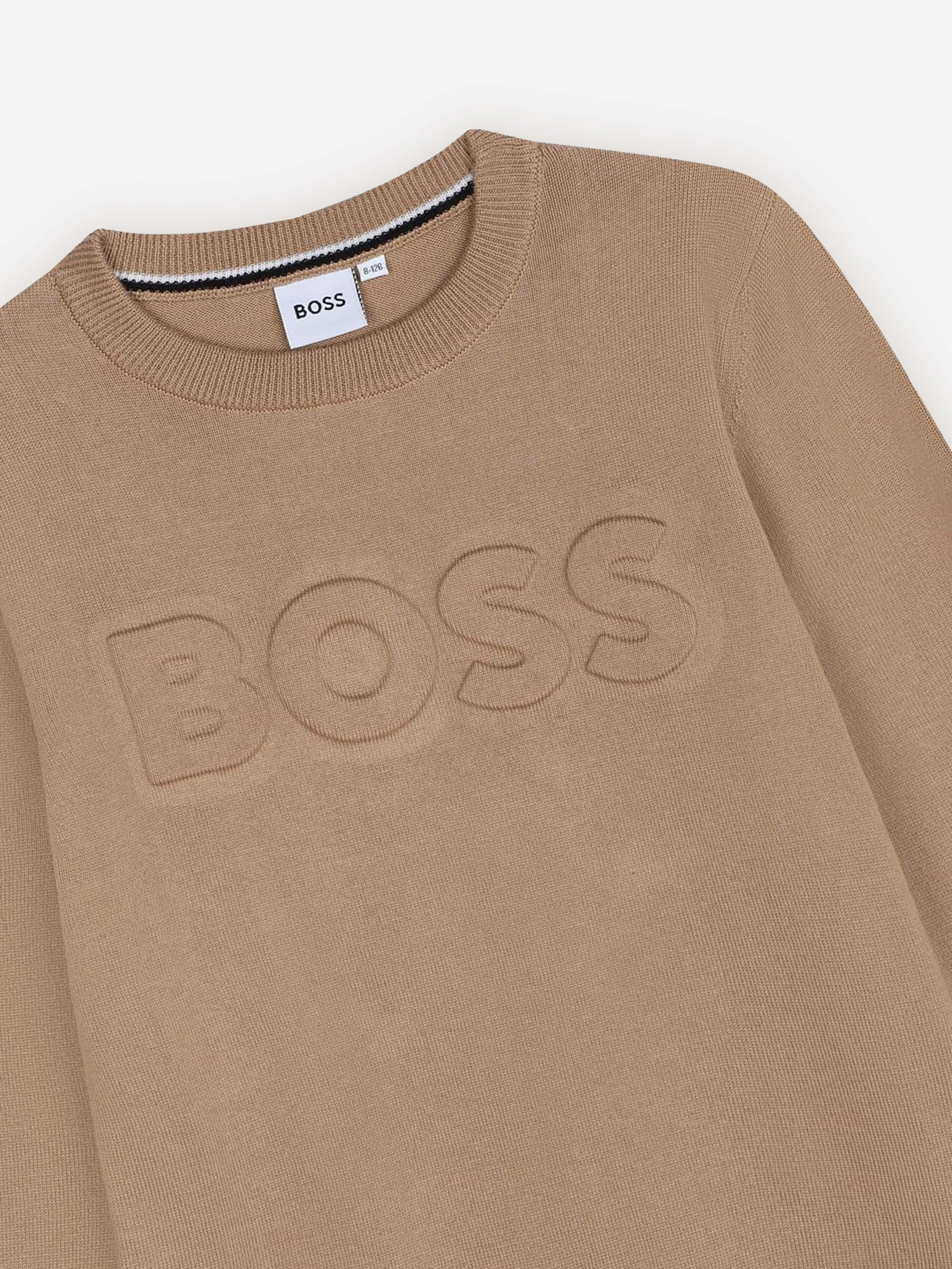 BOSS Boys Knitted Logo Jumper in Brown