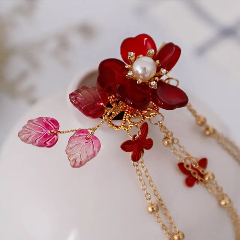 Bridal Red Flower Crystal Hair Accessories for Chinese Wedding