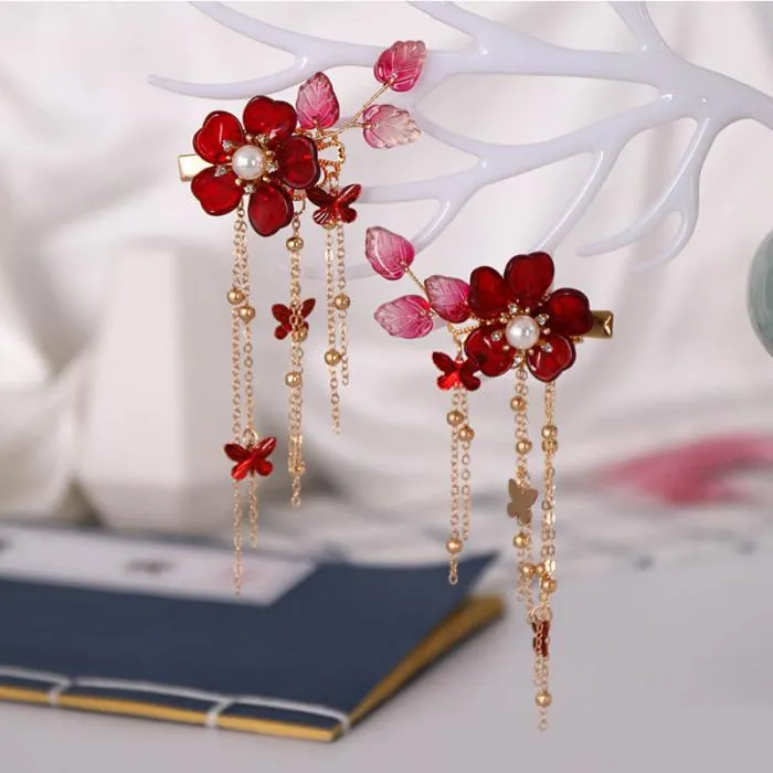 Bridal Red Flower Crystal Hair Accessories for Chinese Wedding