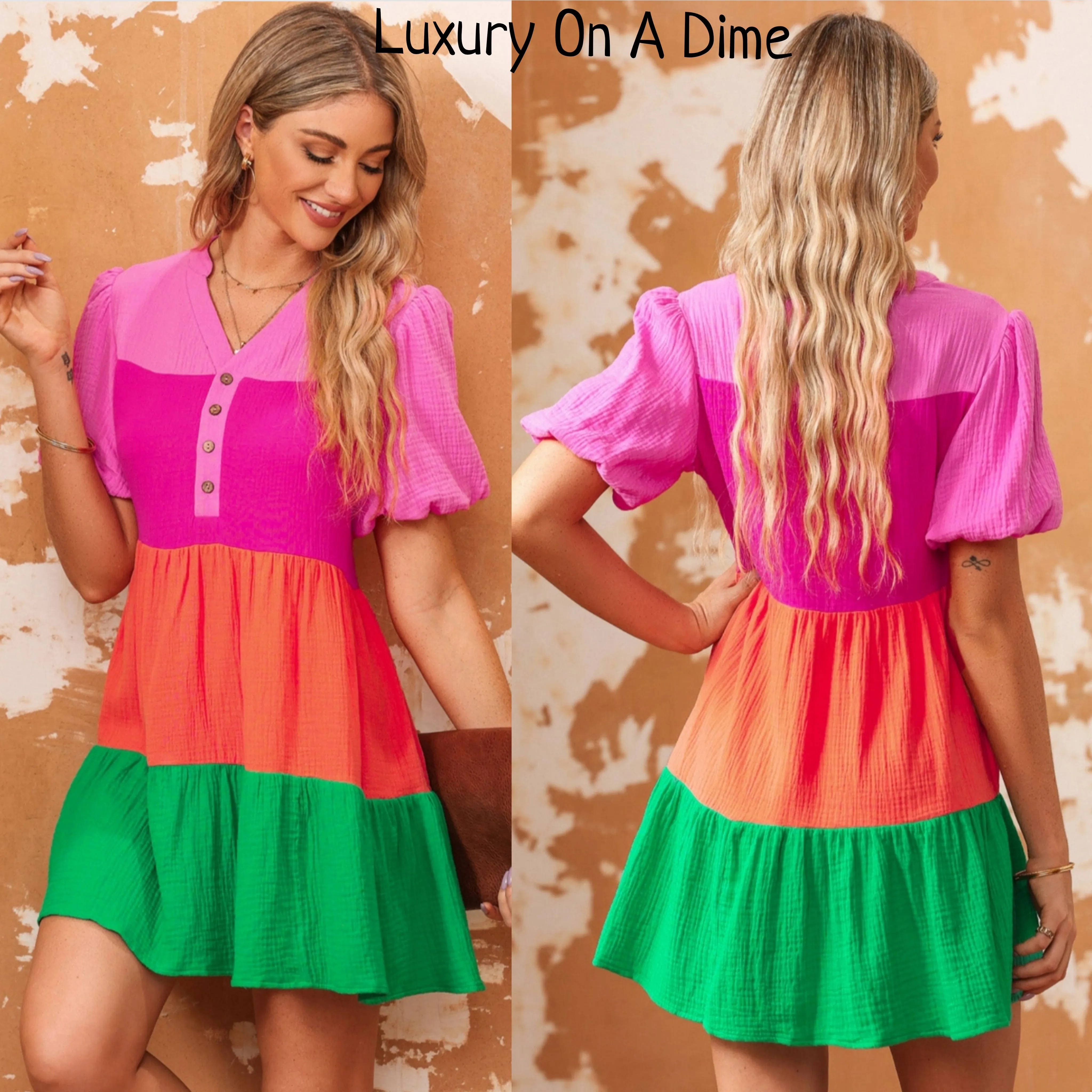 Bright 100% Cotton Color Block Babydoll Buttoned Front Crepe Mini Dress