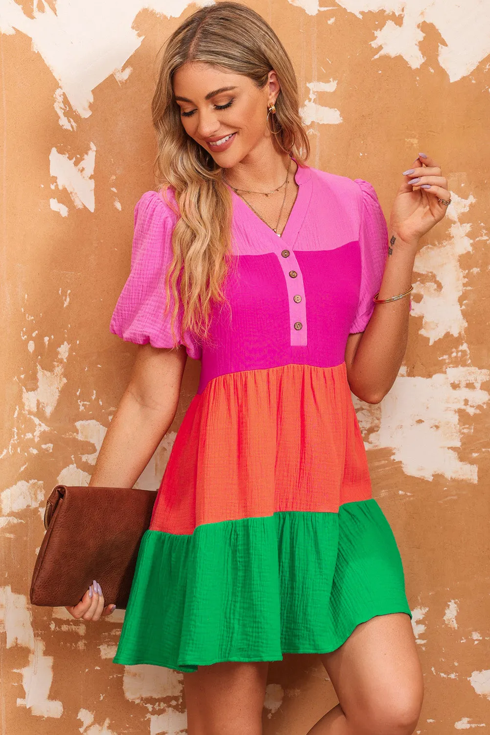 Bright 100% Cotton Color Block Babydoll Buttoned Front Crepe Mini Dress