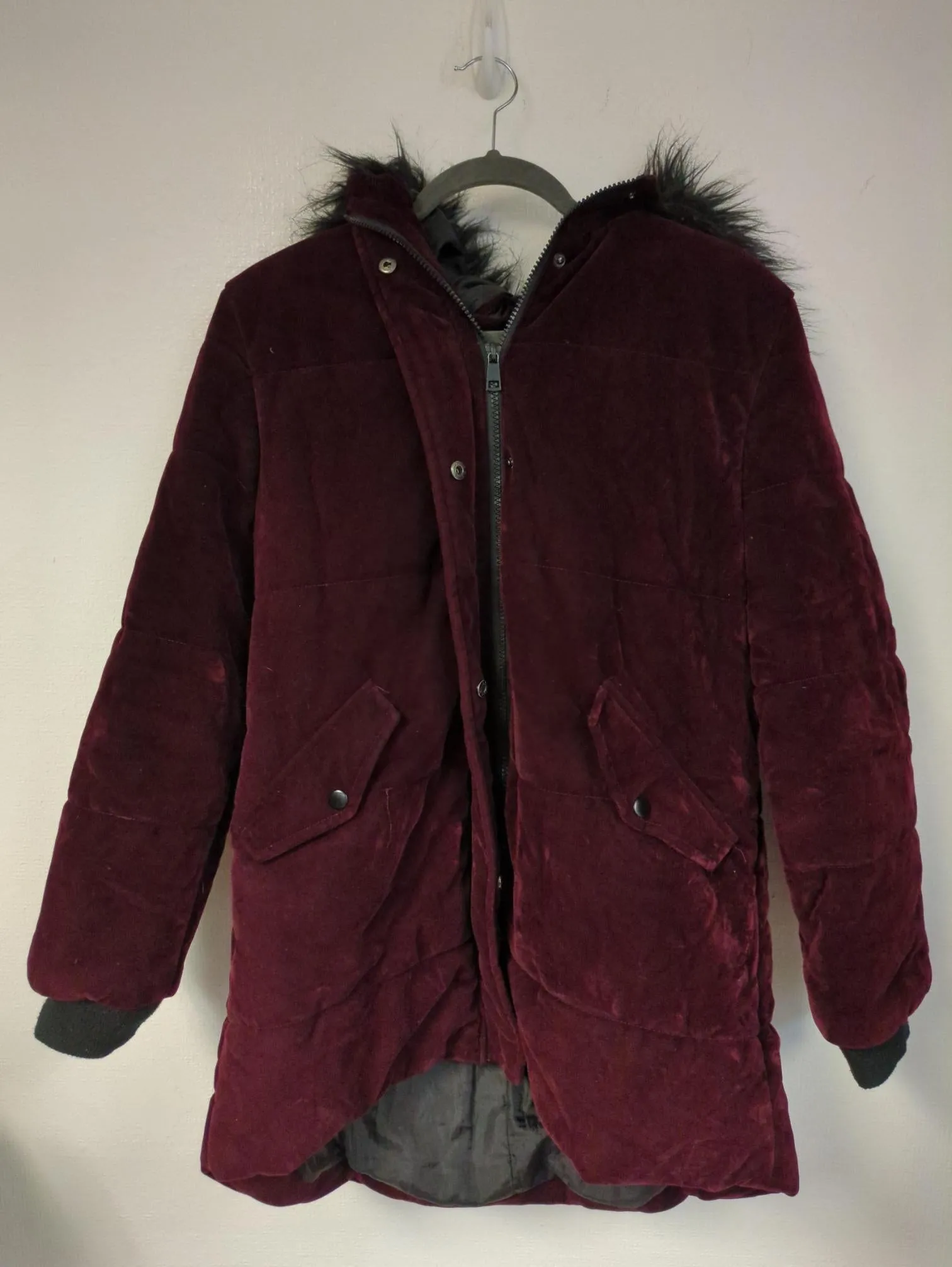 Burgundy velvet puffer jacket, George, Size 14 (Polyester, Acrylic, Nylon)