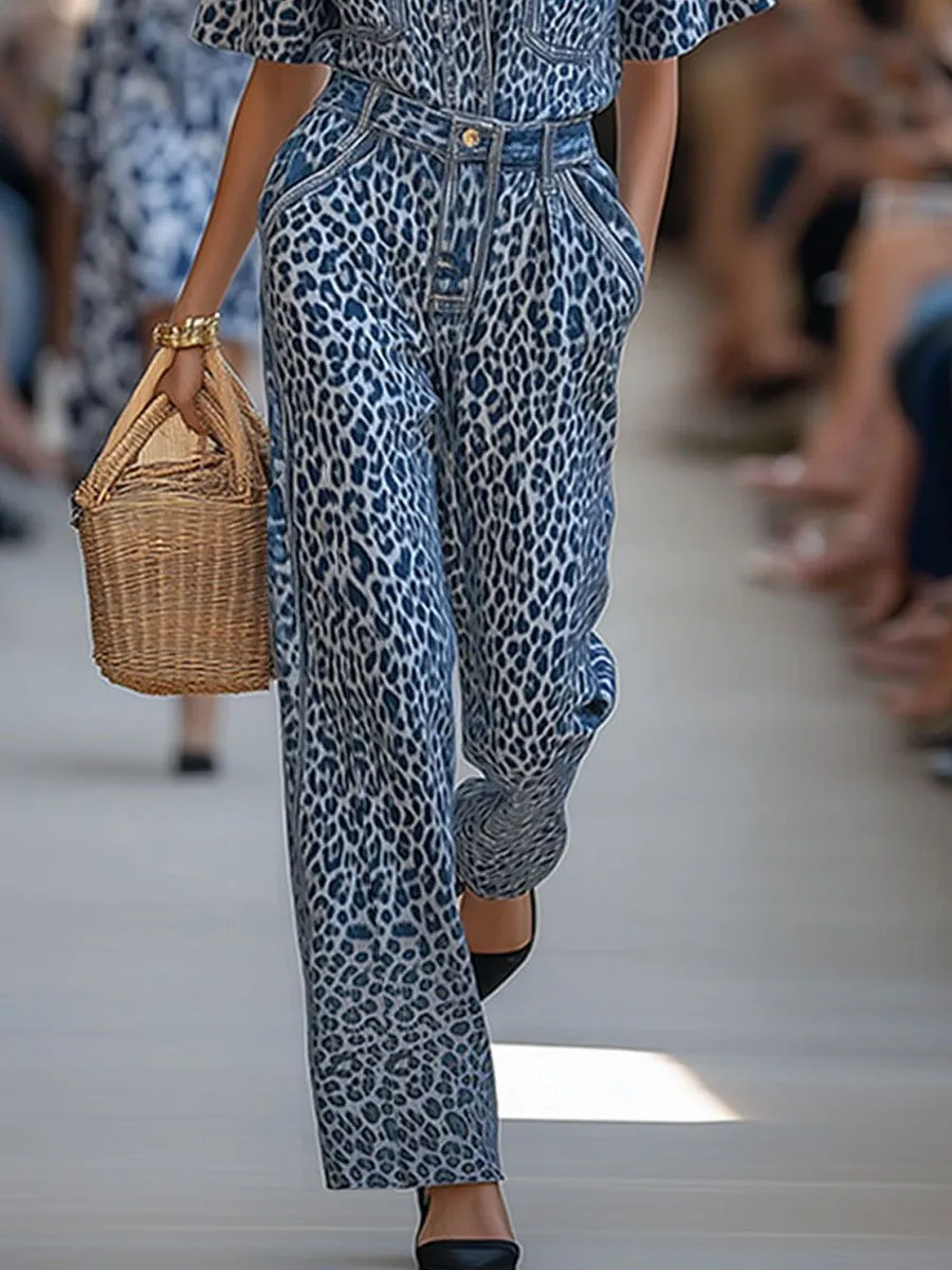 Casual Loose Fashion Leopard Print Denim Short Sleeve Wide Leg Jumpsuit