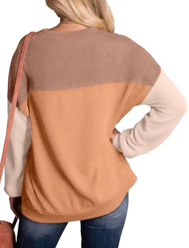 Casual Winter Shirts Ladies Waffle Striped Knit Tops Crewneck Sweatshirts Trendy Khaki L