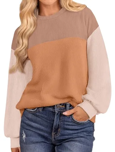 Casual Winter Shirts Ladies Waffle Striped Knit Tops Crewneck Sweatshirts Trendy Khaki L