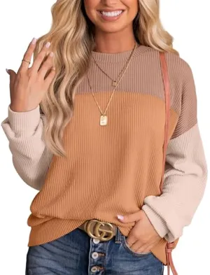 Casual Winter Shirts Ladies Waffle Striped Knit Tops Crewneck Sweatshirts Trendy Khaki L