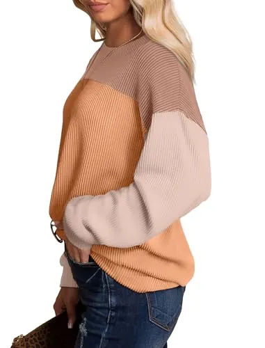 Casual Winter Shirts Ladies Waffle Striped Knit Tops Crewneck Sweatshirts Trendy Khaki L