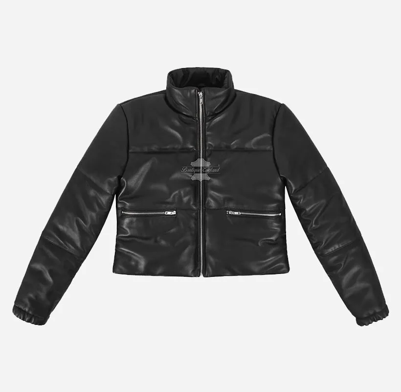 CERI Women Cropped Leather Puffer Jacket in Black