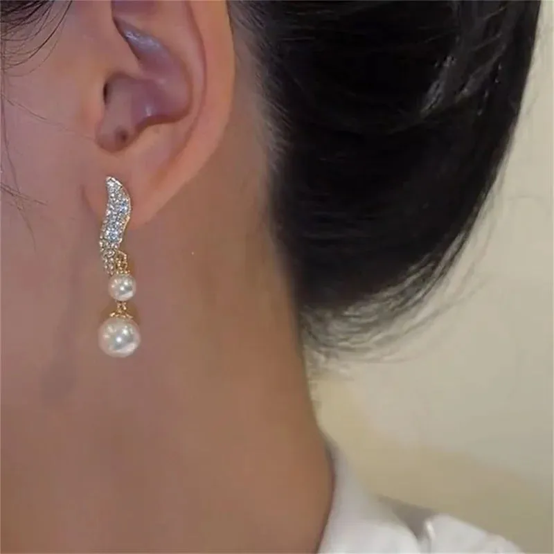 Classic Elegant Imitation Double Pearl Crystal Long Tassel Drop Wedding Gifts New Earring