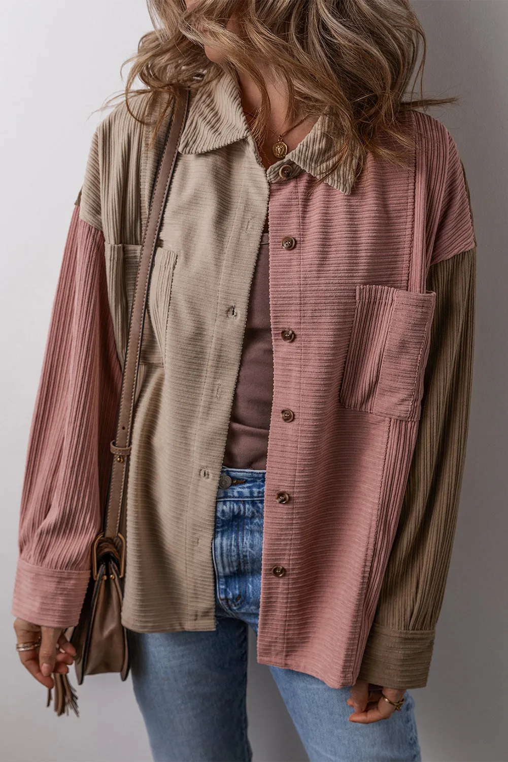 Color Block Chest Pockets Buttoned Corduroy Shacket