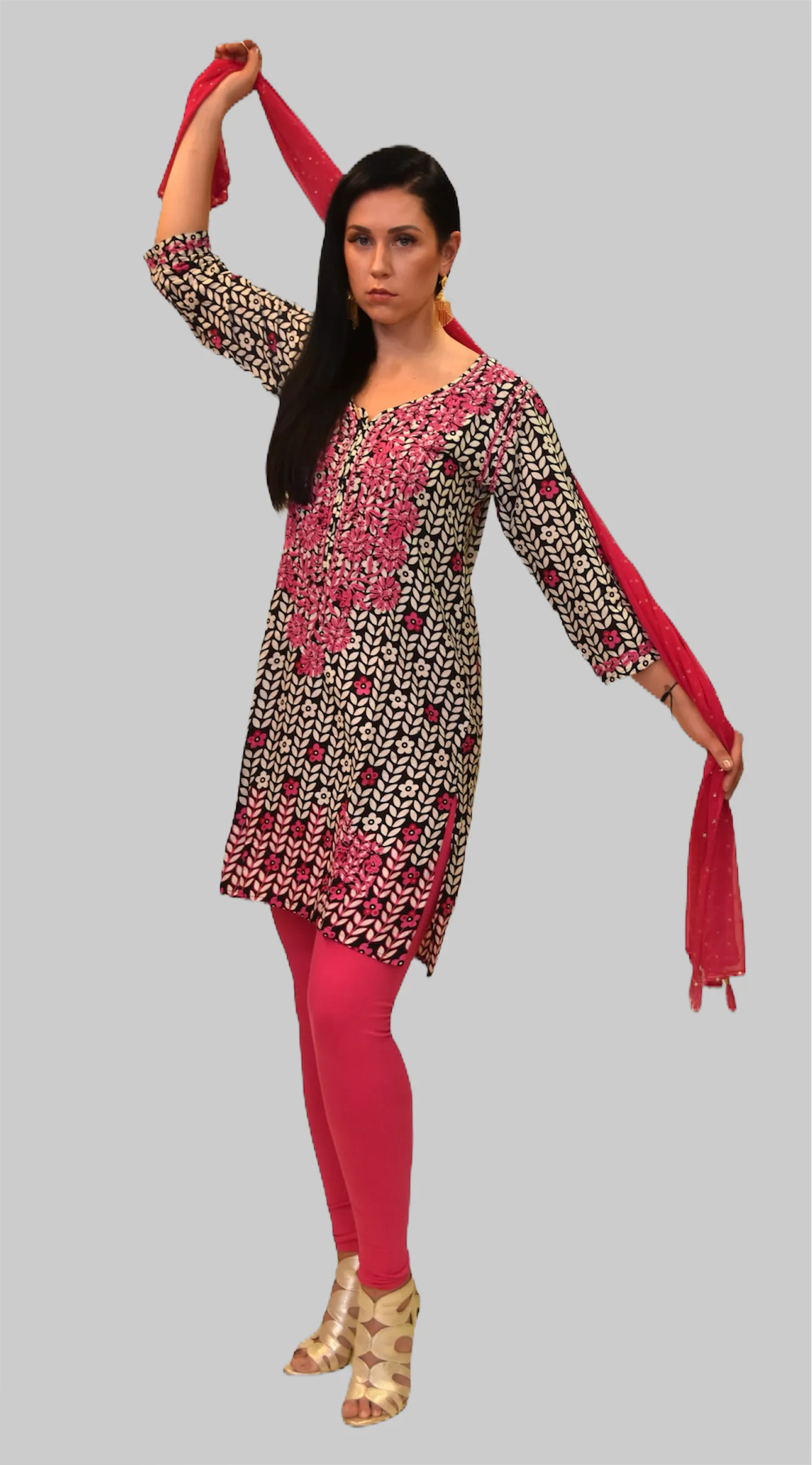 Cotton Black And White With Cerise Pink Embroidered Flowers Kurti