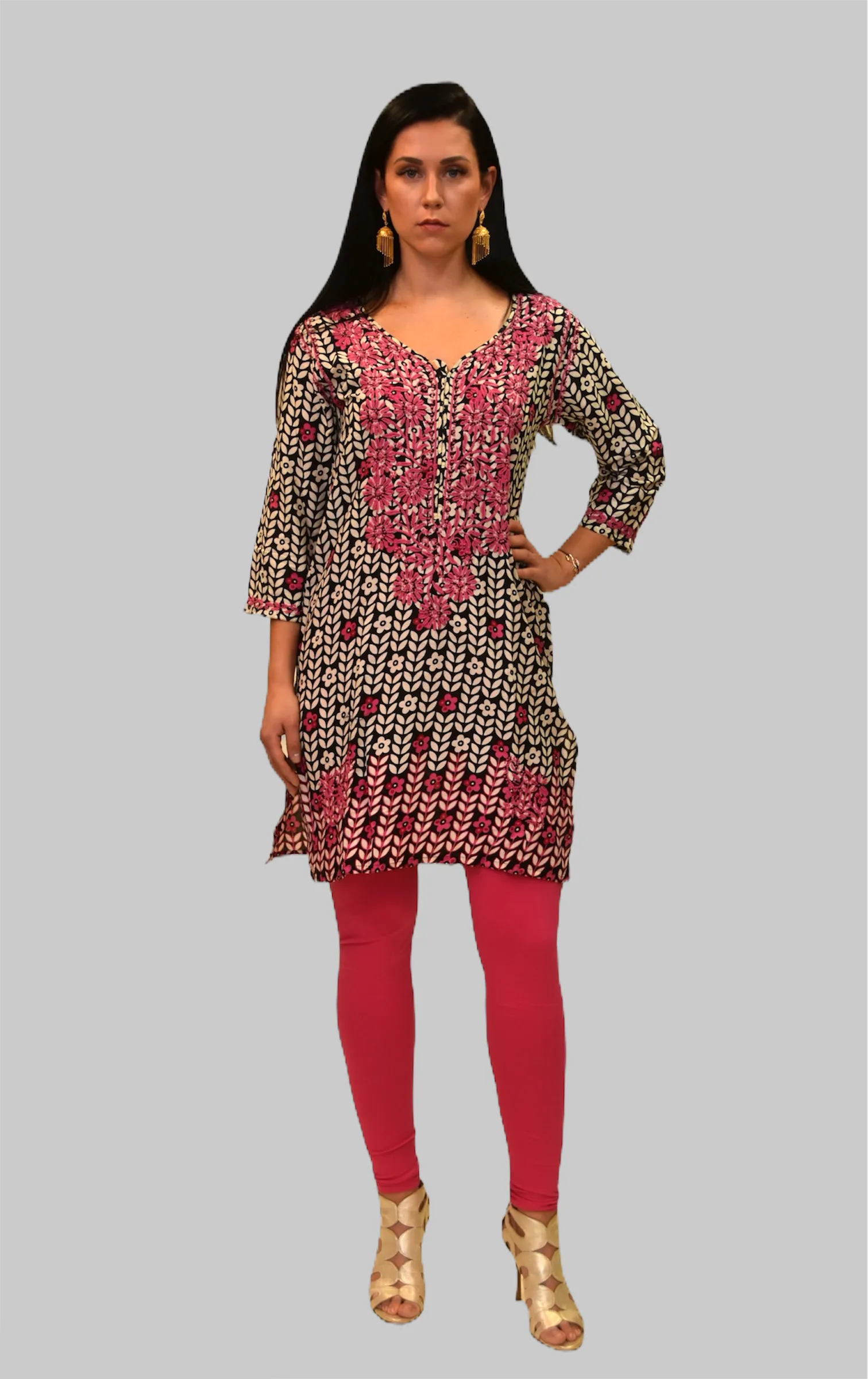 Cotton Black And White With Cerise Pink Embroidered Flowers Kurti