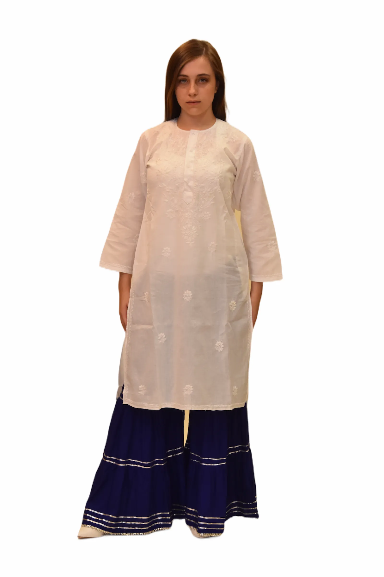 Cotton Daisy White Embroidered Long Kurti