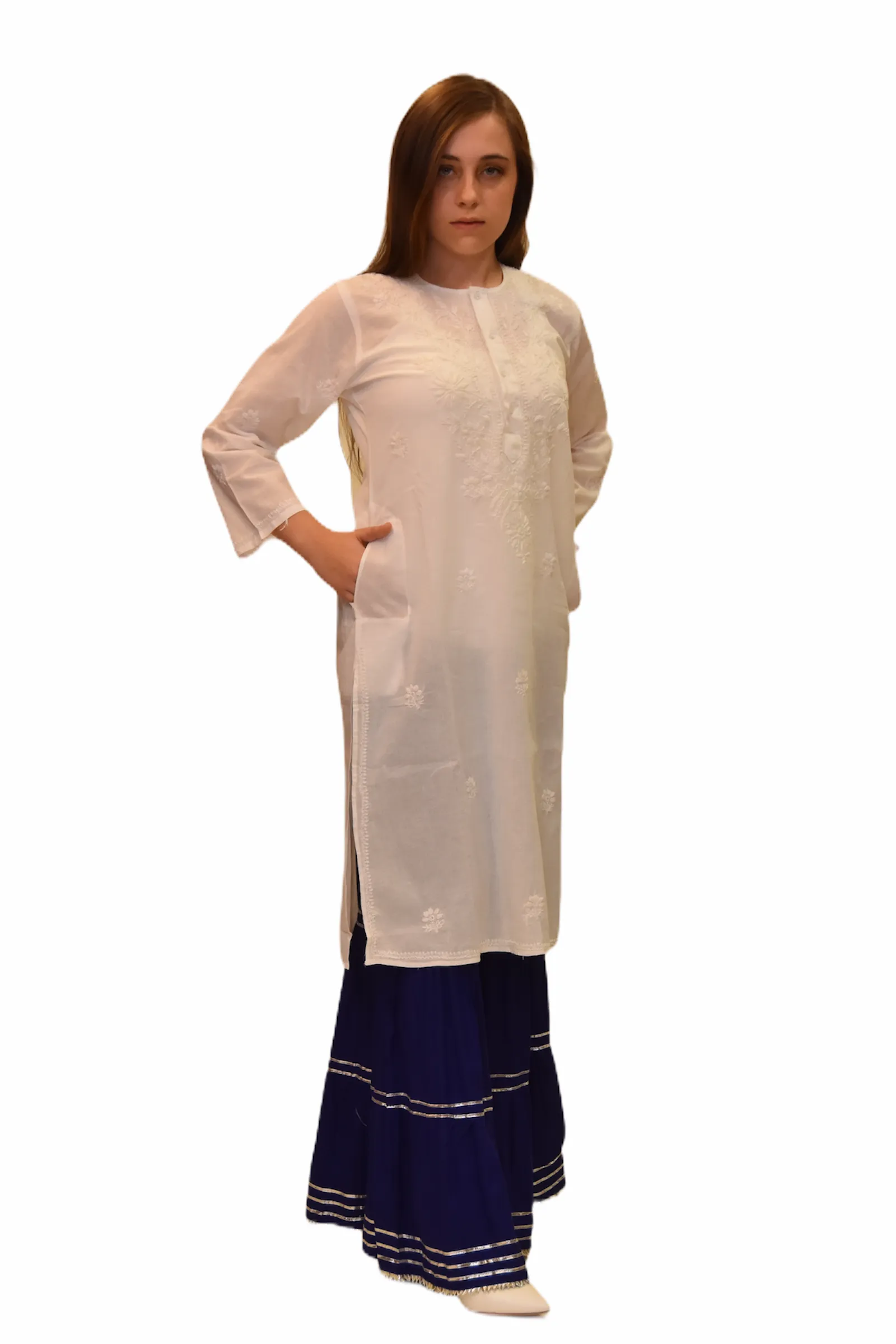 Cotton Daisy White Embroidered Long Kurti