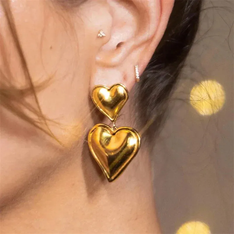 Creative Personality Double Heart Gold Color Plated Fashion Earring