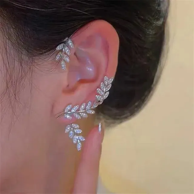 Crystal Leaves Women's Fashion Gold CZ Clip Earring