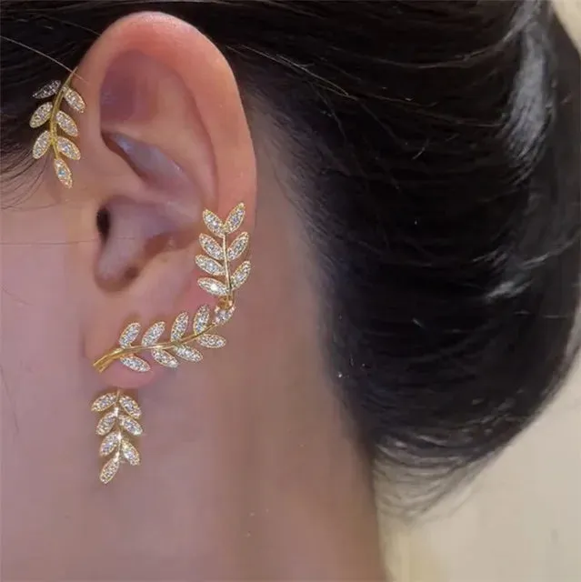 Crystal Leaves Women's Fashion Gold CZ Clip Earring