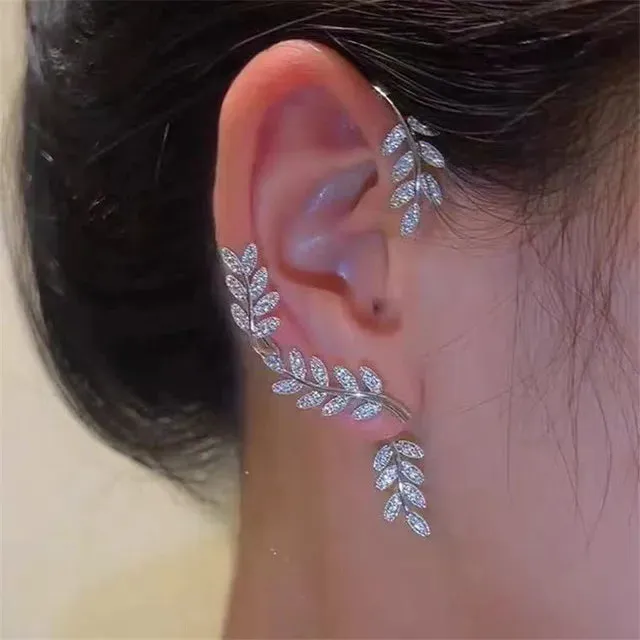 Crystal Leaves Women's Fashion Gold CZ Clip Earring