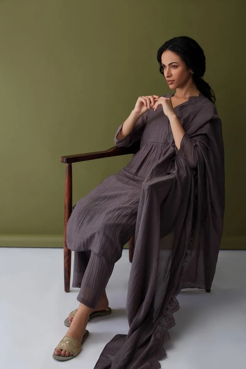 Cupro Grey Kurta Set with Cutwork Odhani