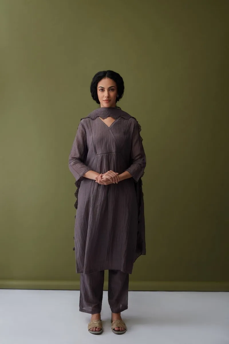 Cupro Grey Kurta Set with Cutwork Odhani