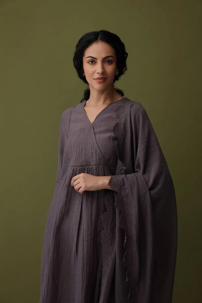 Cupro Grey Kurta Set with Cutwork Odhani