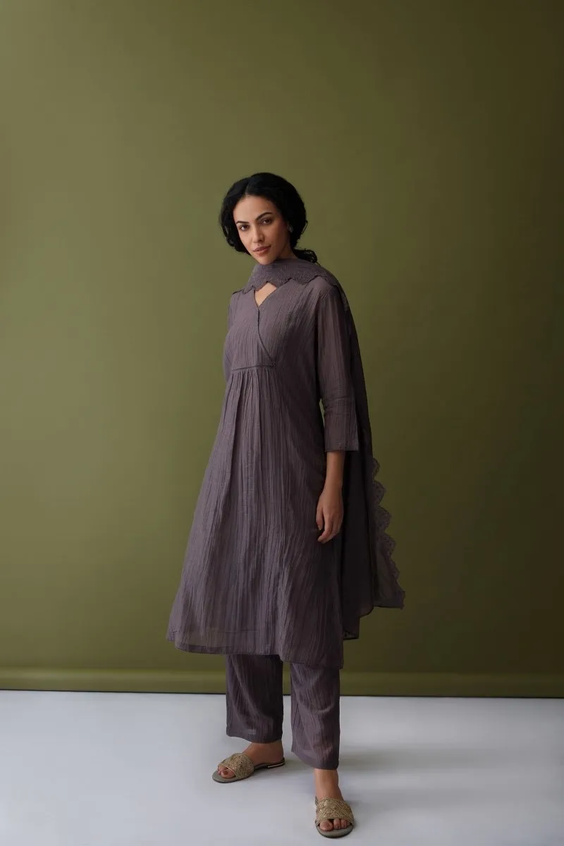 Cupro Grey Kurta Set with Cutwork Odhani