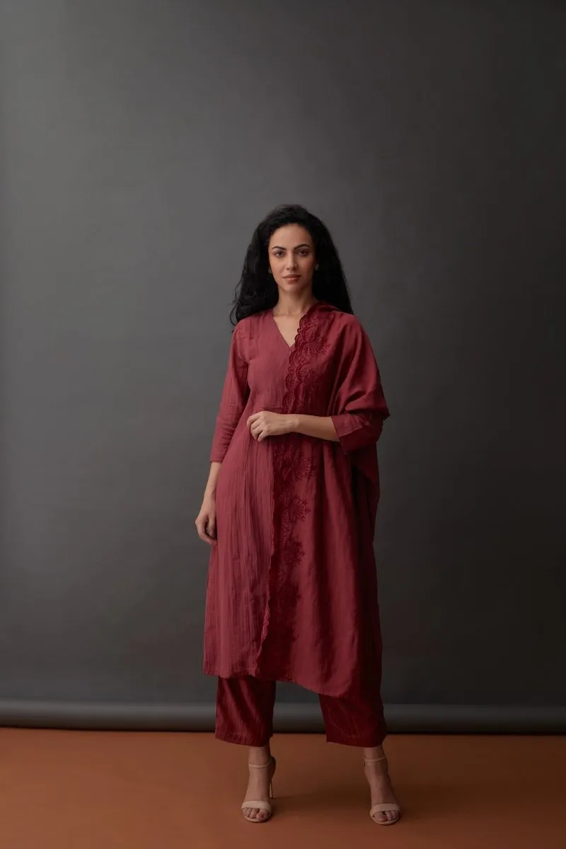 Cupro Red Plum Kurta Set with Cutwork Odhani