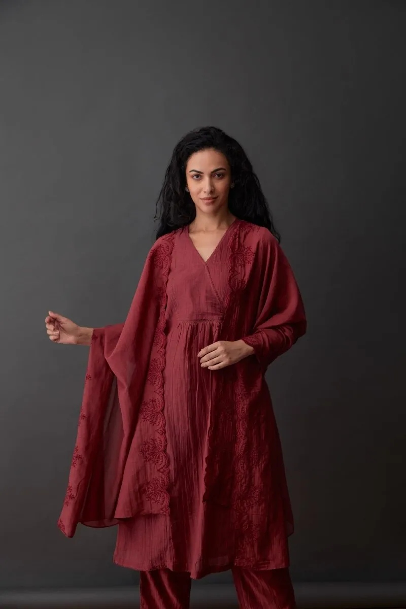 Cupro Red Plum Kurta Set with Cutwork Odhani