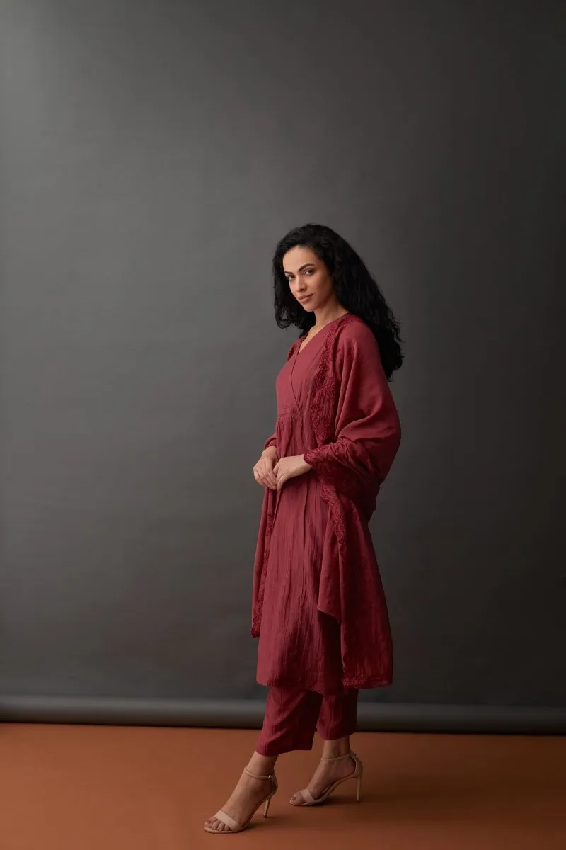 Cupro Red Plum Kurta Set with Cutwork Odhani