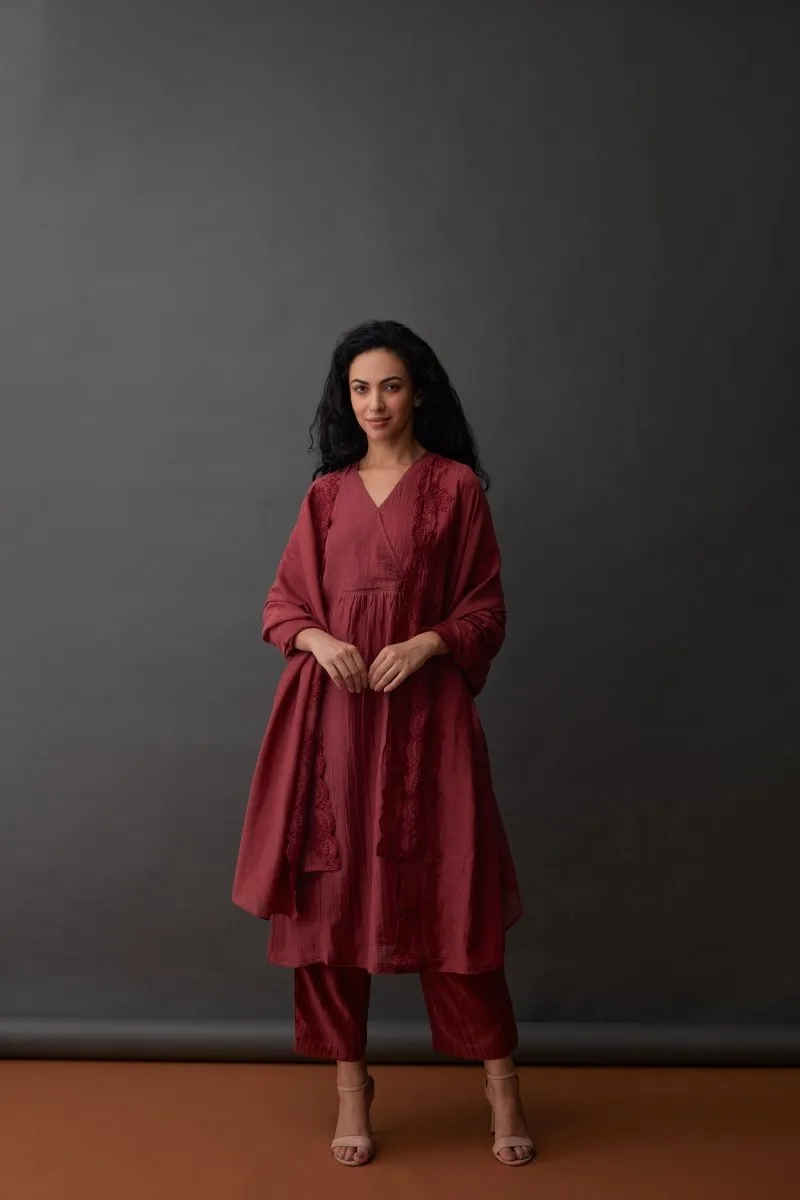 Cupro Red Plum Kurta Set with Cutwork Odhani