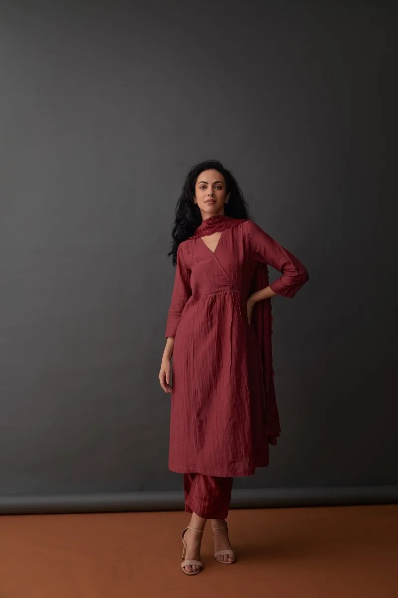 Cupro Red Plum Kurta Set with Cutwork Odhani