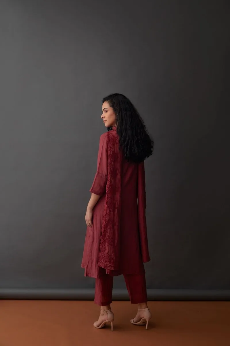 Cupro Red Plum Kurta Set with Cutwork Odhani