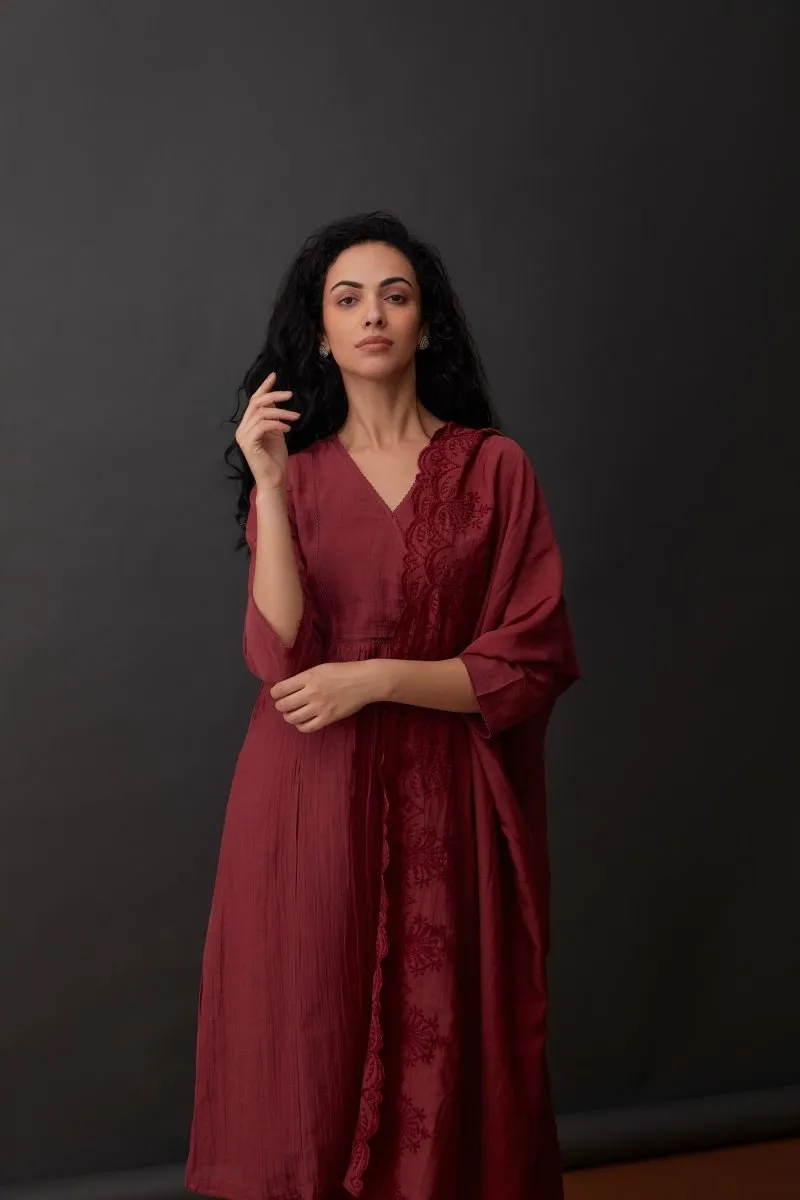 Cupro Red Plum Kurta Set with Cutwork Odhani