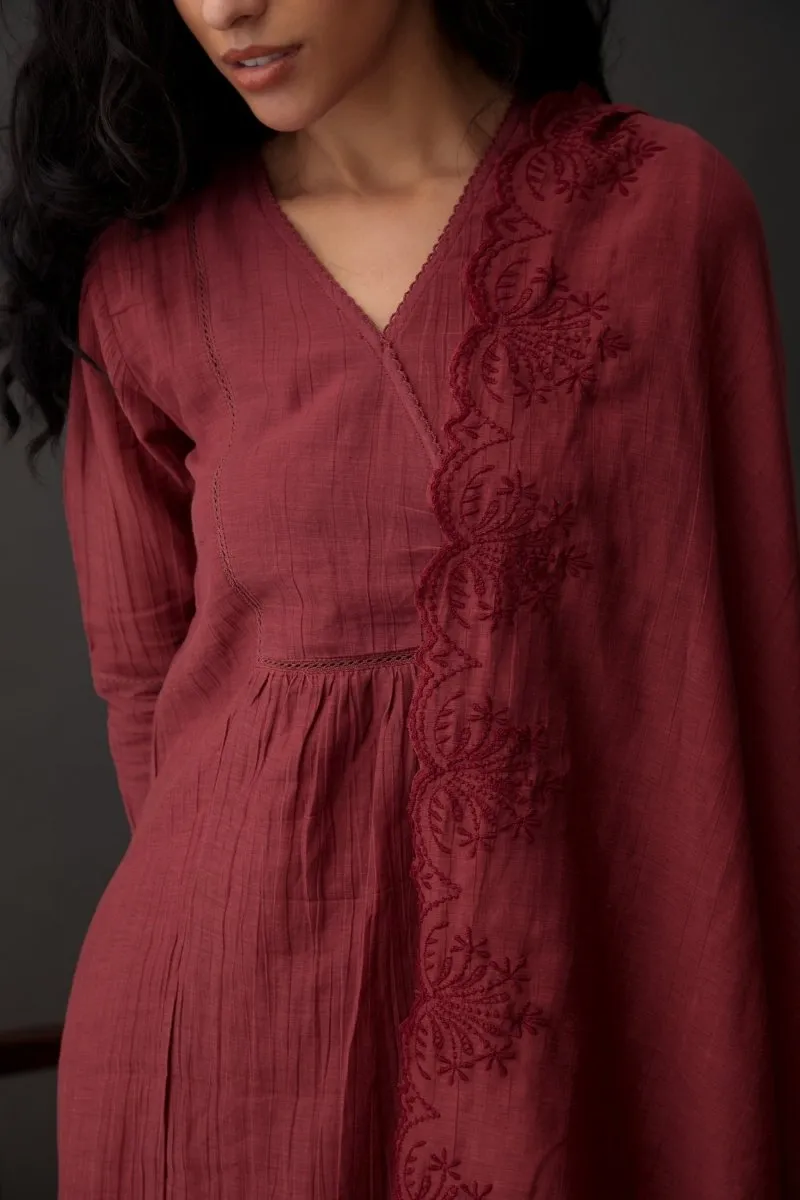 Cupro Red Plum Kurta Set with Cutwork Odhani