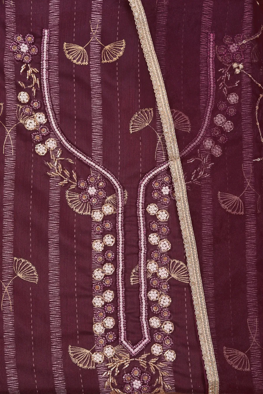 Dark Wine Embellished Organza Dress Material With Dupatta