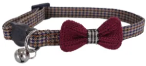 DESIGNER BURGUNDY BOW DOGTOOTH CAT COLLAR