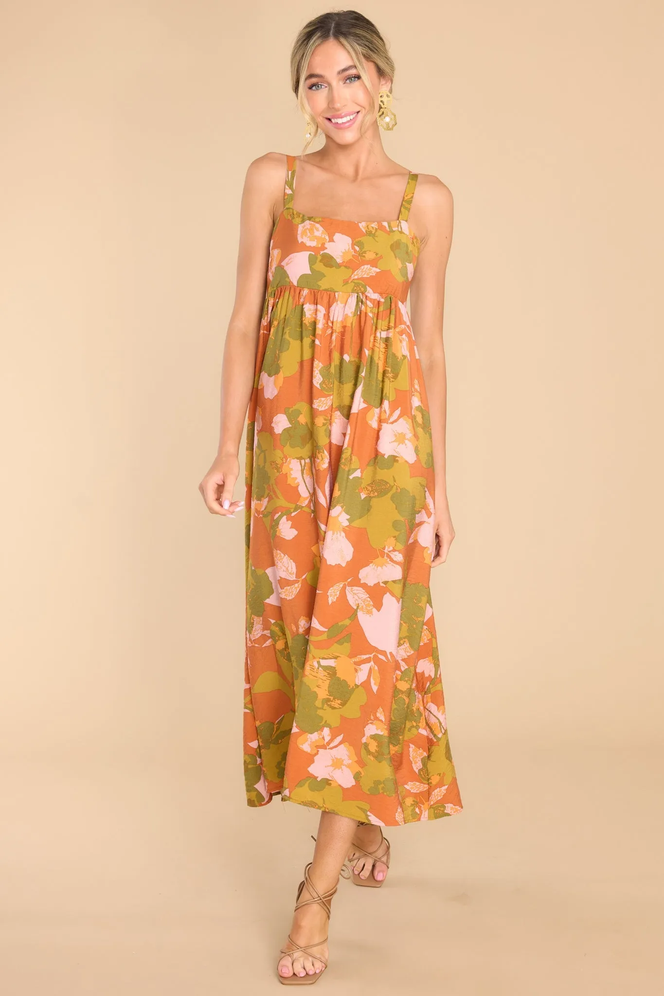 Dramatically Cute Rust Floral Print Maxi Dress