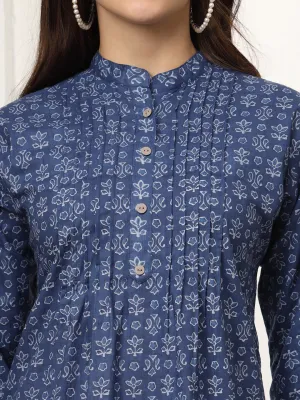 Ekisha's women blue pleated designer floral printed cotton tunic top short kurti