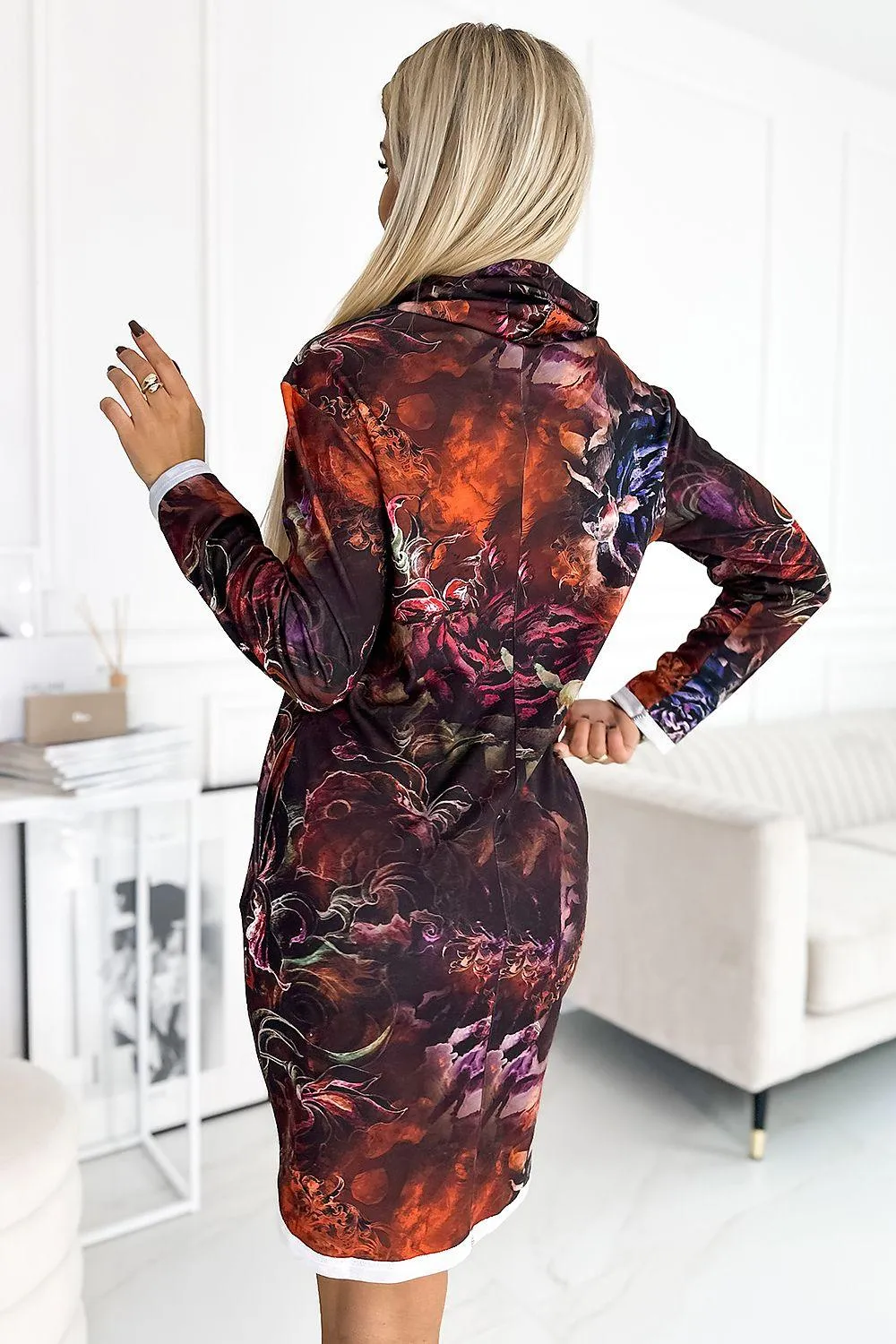 Elegant Brown Print Turtleneck Dress by Numoco