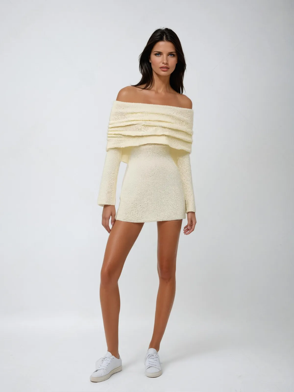 Elegant Strapless Mini Dress - Marissa Chic Boucle Knit with Long Sleeves