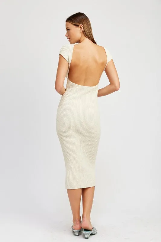 EMORY PARK Cap Sleeves Open-back Knit Bodycon Dress