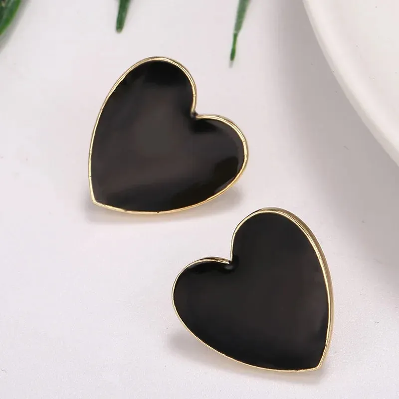 Enamel Heart Black Oil Street Trendy Statement Love Big Earring