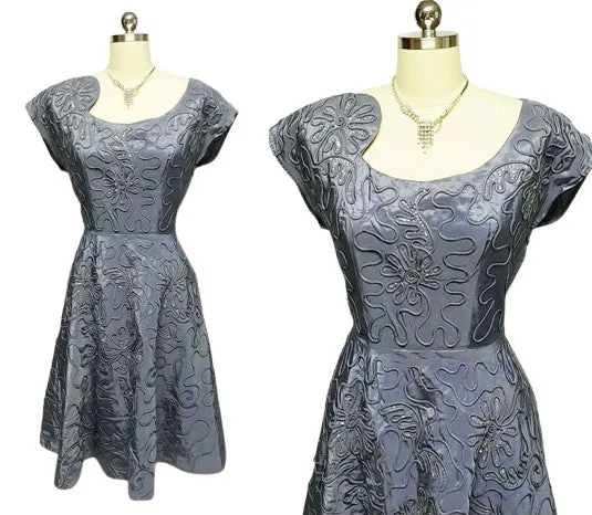 EXQUISITE VINTAGE  '40s AN ORIGINAL PARNES FEINSTEIN SPARKLING SEQUIN & SOUTACHE TAFFETA COCKTAIL EVENING DRESS WITH METAL ZIPPER