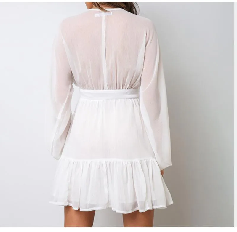 FashionSierra - V Neck Women's Spring Summer Dress Lace Long Sleeve Mini Party Dress